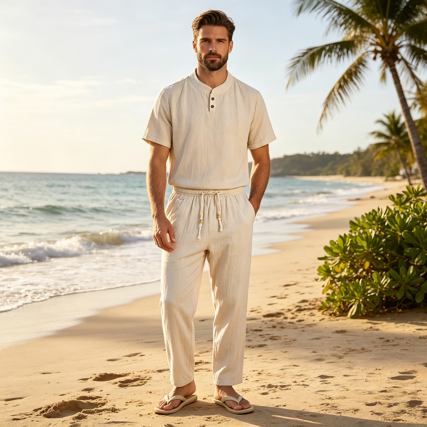 🌴 50% de descuento 🔥  (camiseta + pantalón)Conjunto de playa de lino informal y holgado con botones para hombre. ✅️ Pago contra entrega disponible