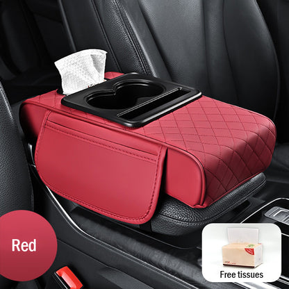 🚗🚗Univerzálna kožená podložka na lakťovú opierku do auta 4 v 1 ✅ Vstavaný box na vreckovky ✅ Držiak pohárov