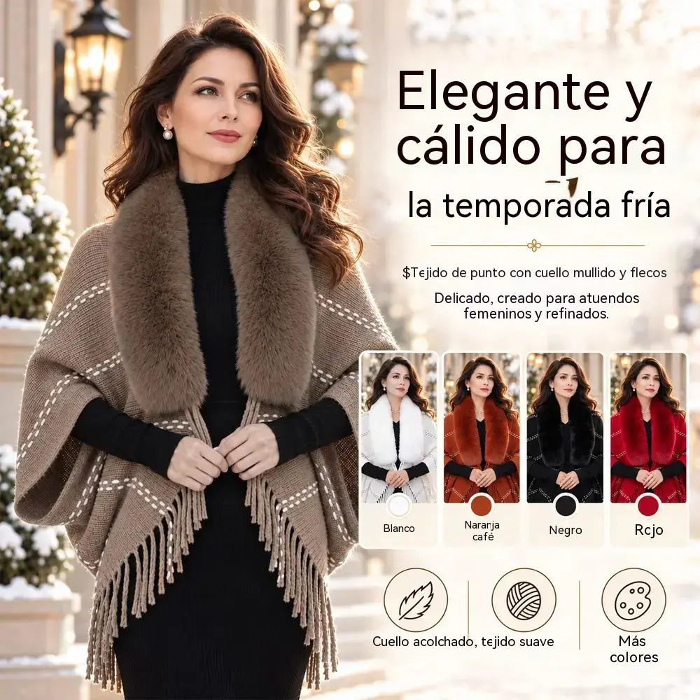 ✨ Chal de invierno tejido con cuello mullido y elegantes flecos · ¡Un cárdigan estilo poncho, cálido y de corte relajado, para mujer!