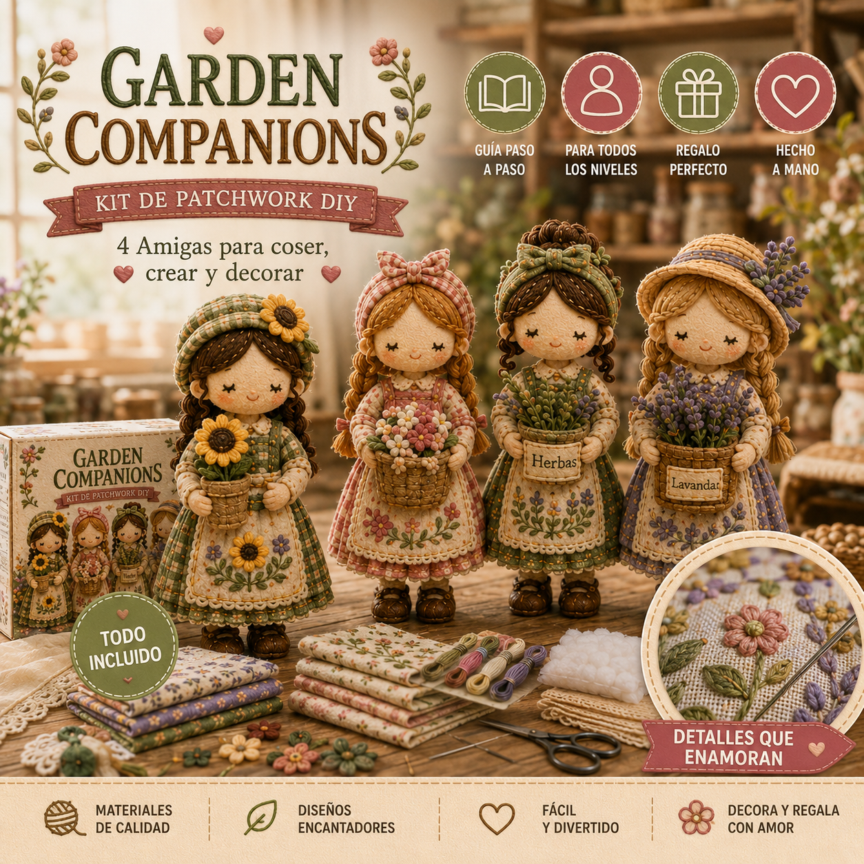 🎁Último día: ¡Disfruta de un 49% de descuento! 🧵 Kit de patchwork para armar en miniatura de la serie Garden Companions  en miniatura.