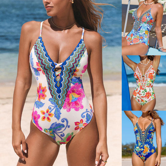 Bañador de una pieza reductor con estampado floral bohemio y bloques de color, escotado para vacaciones