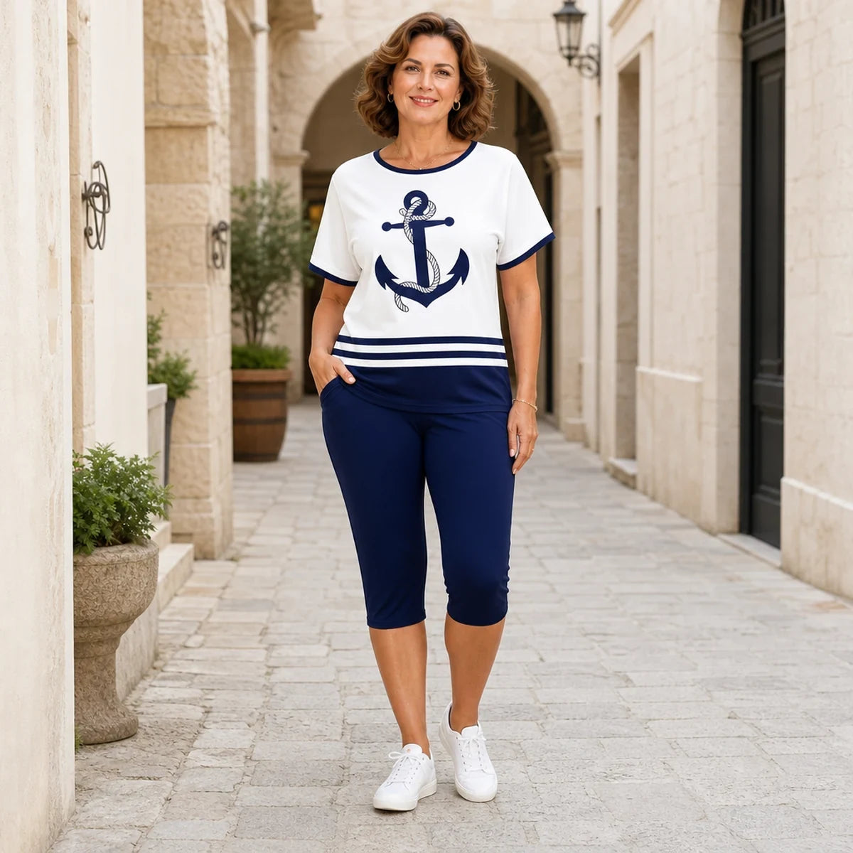 【S-4XL】✨(Camiseta + pantalón) Conjunto de dos piezas de verano para mujer: camiseta y pantalones cortos con estampado de anclas, estilo marinero.