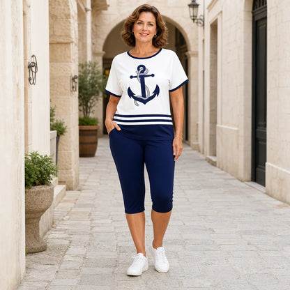 【S-4XL】✨(Camiseta + pantalón) Conjunto de dos piezas de verano para mujer: camiseta y pantalones cortos con estampado de anclas, estilo marinero.
