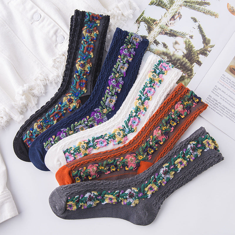 💐【5 párov】🧦Nové skrútené retro kvetinové bavlnené dlhé ponožky na jeseň a zimu 3756493