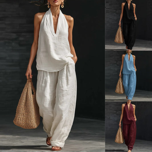 ¡Novedad de verano! 😍 Nuevo conjunto moderno de dos piezas para mujer 2026: top sin mangas con pantalones de pernera ancha — lleno de aire veraniego, casual y a la moda.