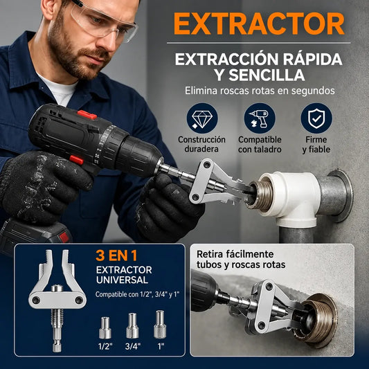 Extractor universal de tuberías rotas 3 en 1 de alta resistencia con vástago hexagonal – Herramienta para extraer tuberías y roscas accionada por taladro