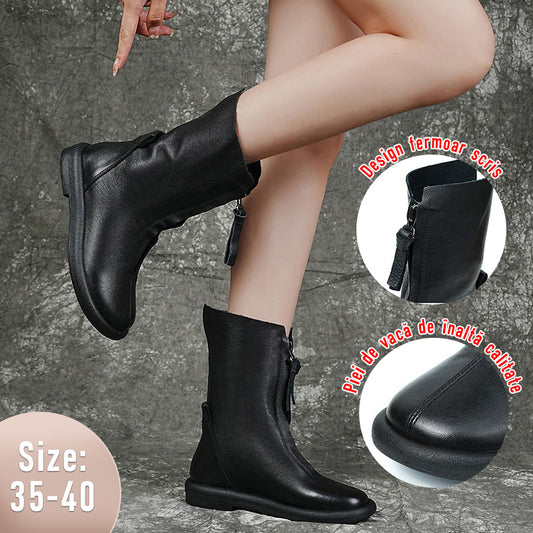🔥【35~40】Ghete din piele italiană lucrate manual, confortabile, din piele naturală, cu talpă moale și toc plat, până la jumătatea gambei 