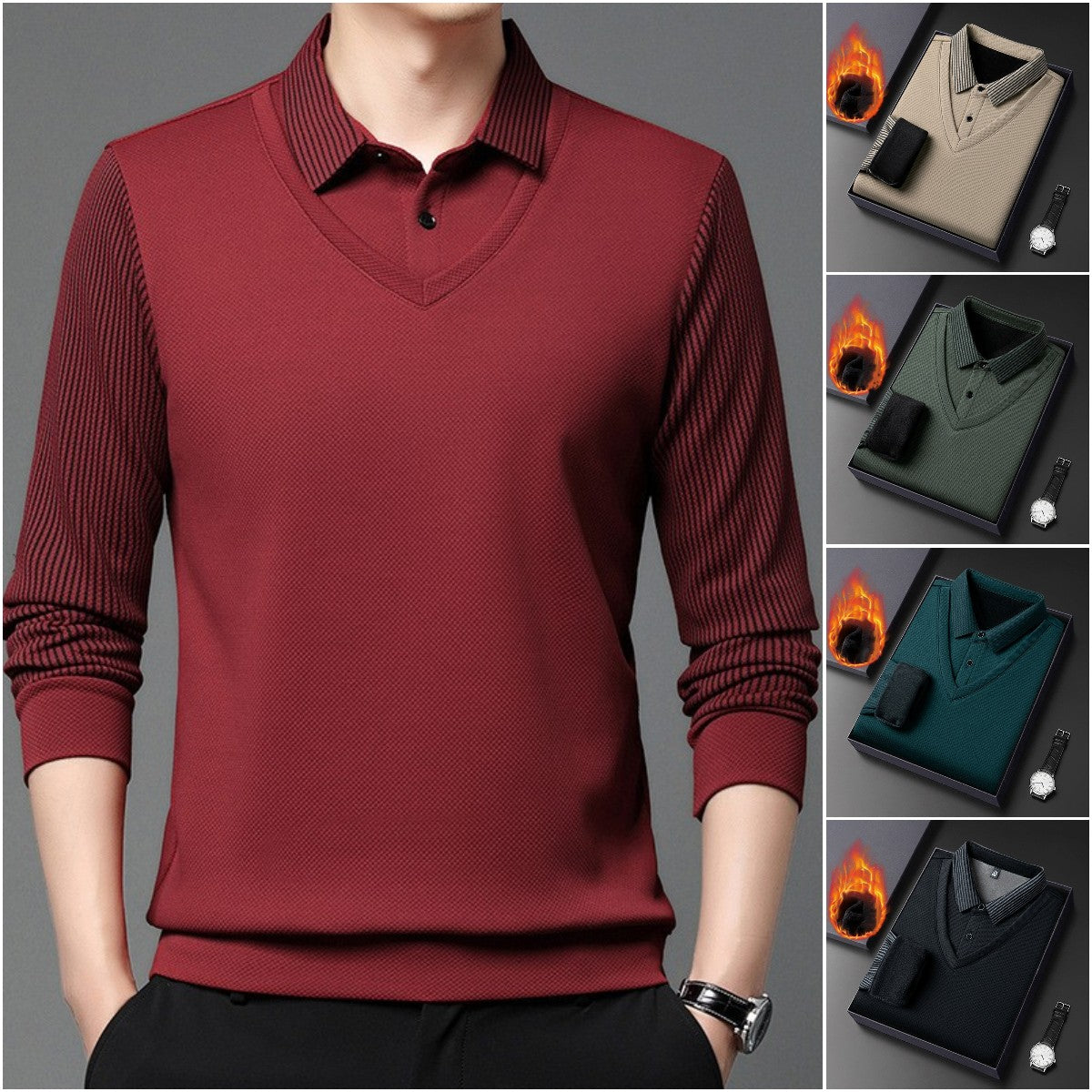 💖🧡50%OFF【M-4XL】Camiseta Polo de Falsa Dos Piezas para Hombre – Diseño a Rayas, Elegante y Versátil