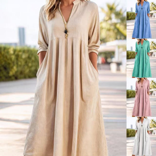 💃【50% zľava】👗2026 Nové módne retro šaty s výstrihom do V z bavlny a ľanu, vrecká a voľný, pohodlný strih.