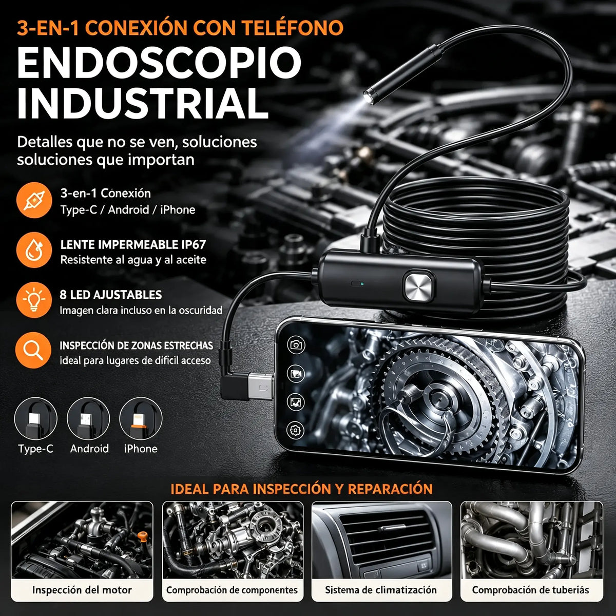 🔥【5 M】🔥 Cámara endoscópica USB impermeable 3 en 1 con LED