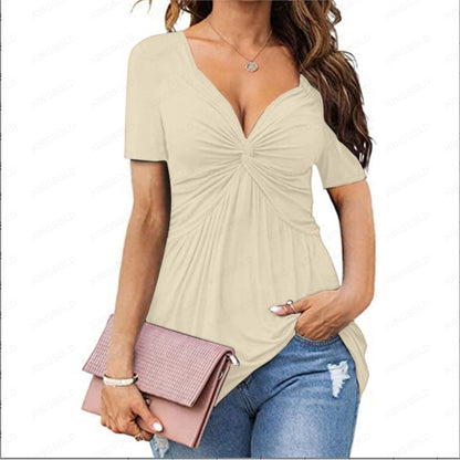 💕【-45% OFF】💕Novo po posebnoj cijeni!Camisa elegante informal de manga corta con cuello en V y nudo.