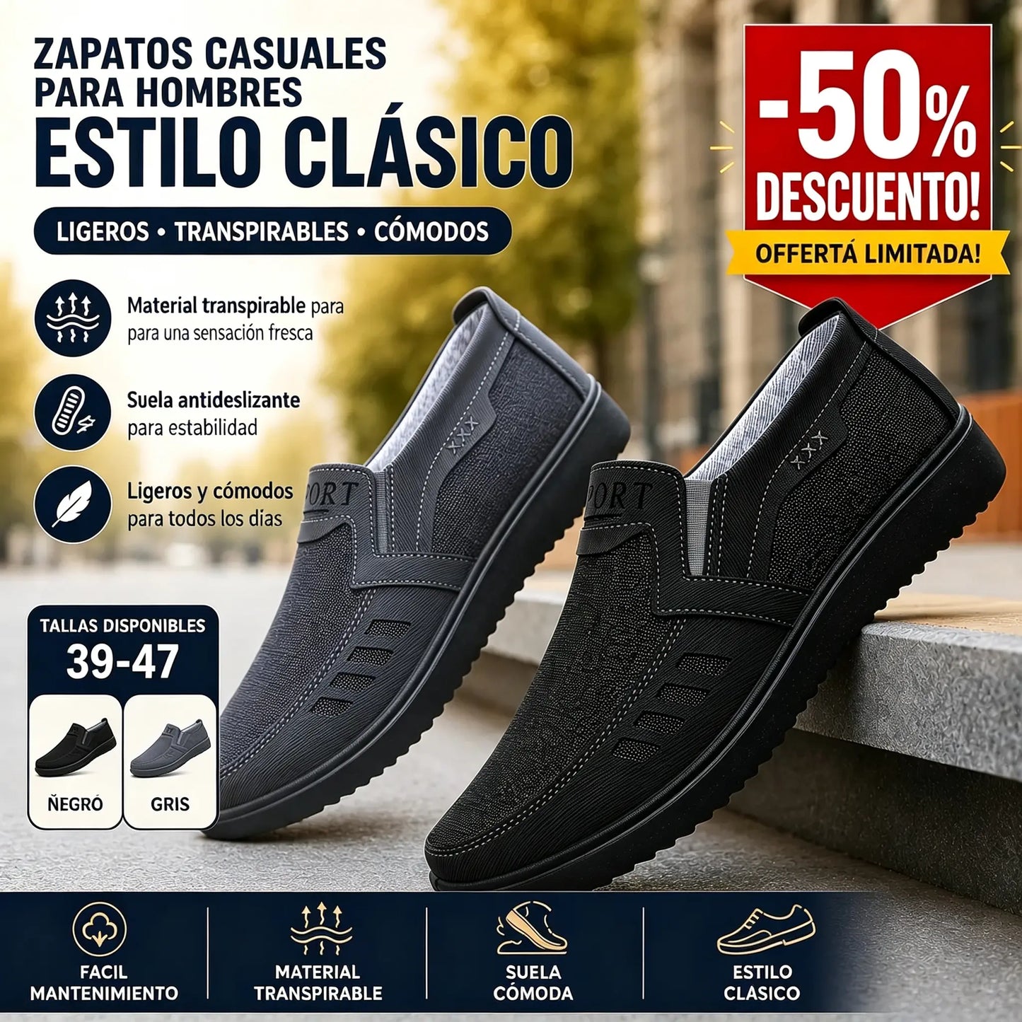 👞【Tallas 39-47】Zapatillas deportivas para hombre 2026, transpirables, planas, informales, cosidas a mano, calidad garantizada.