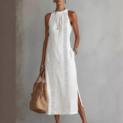 【S-2XL】Vestido de Verano de Color Sólido con Cuello Halter y Encaje Elegante