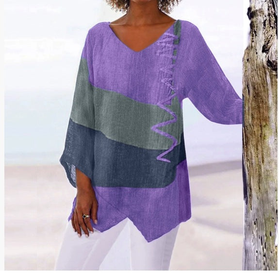 ⏳ Último día - 50% de descuento 😍【S~5XL】Elegante top casual para mujer con cuello en V y mangas largas, estampado artístico