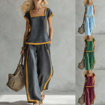 🔥 ¡Novedades de verano! 😍 Conjunto de dos piezas moderno para mujer 2026: detalles en colores contrastantes, combinado con pantalones de pierna ancha: casual y elegante.