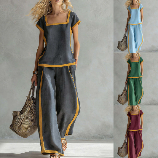 🔥 ¡Novedades de verano! 😍 Conjunto de dos piezas moderno para mujer 2026: detalles en colores contrastantes, combinado con pantalones de pierna ancha: casual y elegante.