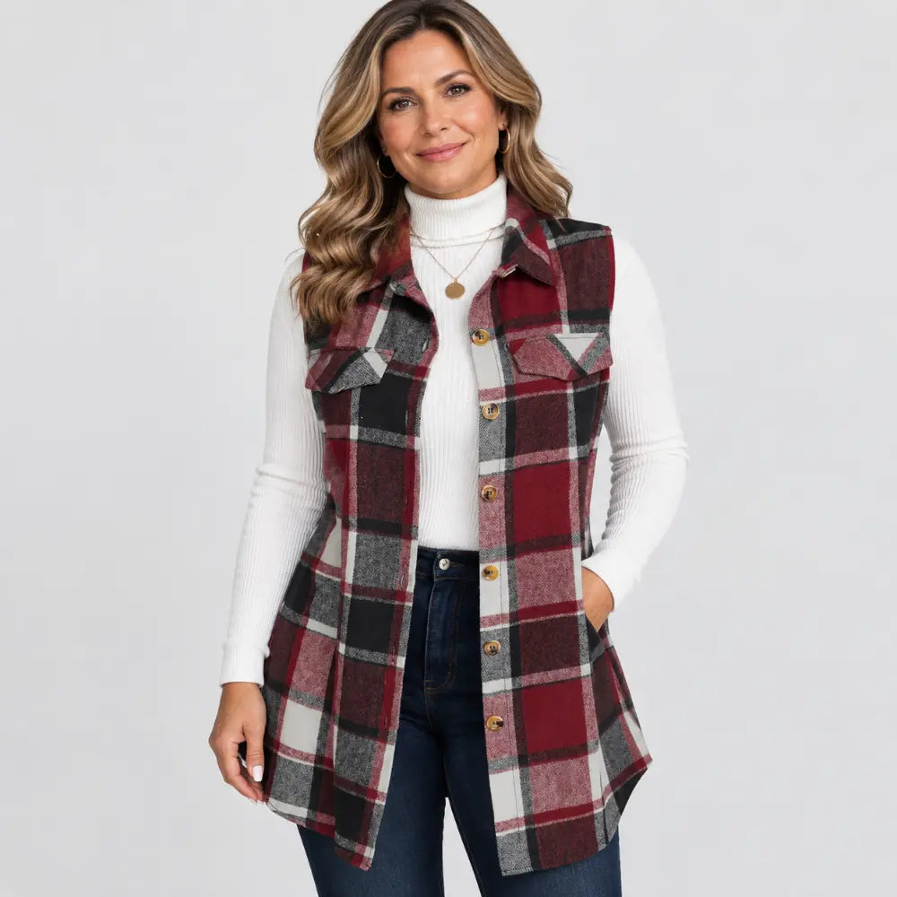 🧥 【S-5XL】Nuevo chaleco sin mangas para mujer: estampado de cuadros, con cuello, largo medio y disponible en tallas grandes
