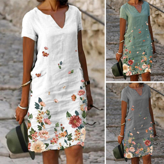 🌺【S-3XL】Rochie de vară din bumbac și in, cu croială dreaptă, decolteu în V, mâneci scurte și imprimeu cu fluturi și flori 