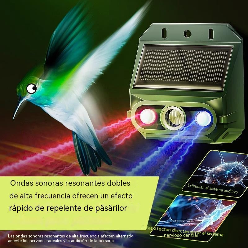 Repelente solar ultrasónico para animales, ideal para exteriores, con luz infrarroja intermitente y LED rojo y azul.
