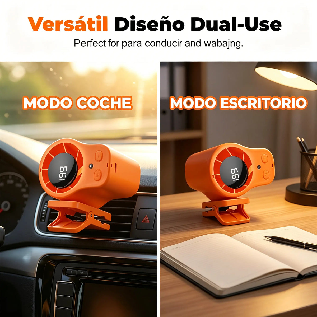 🌀 Ventilador manos libres con pantalla LED, clip integrado y 199 niveles de ajuste