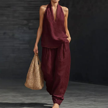 ¡Novedad de verano! 😍 Nuevo conjunto moderno de dos piezas para mujer 2026: top sin mangas con pantalones de pernera ancha — lleno de aire veraniego, casual y a la moda.