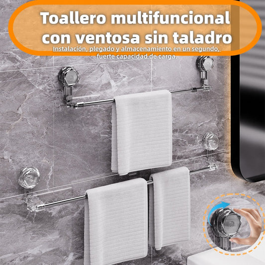 🚿✨ Barra de toalla con ventosa ajustable: no requiere perforar, no daña y tiene un agarre cómodo.