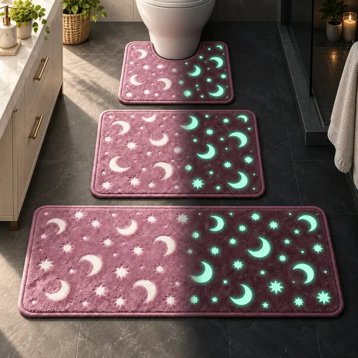 🌙 Juego de baño con diseños de luna y estrellas que brilla en la oscuridad – Alfombrilla de baño antideslizante 🌙50*80cm