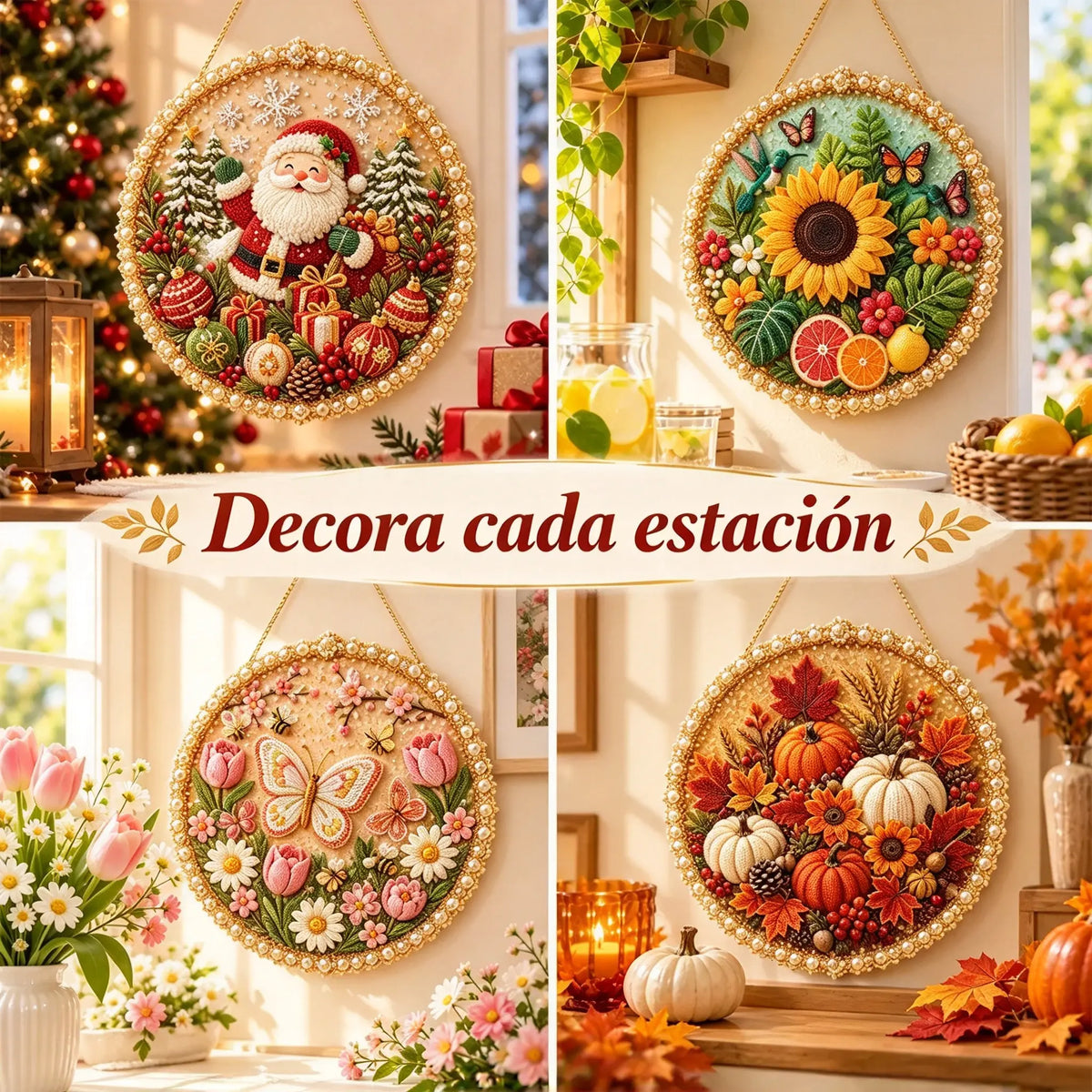 ✨ Kit de corona decorativa para hacer tú mismo, con cuentas y perlas ⚡ · Decoración de pared en 3D · 4 diseños para las distintas estaciones y la Navidad 🌟!