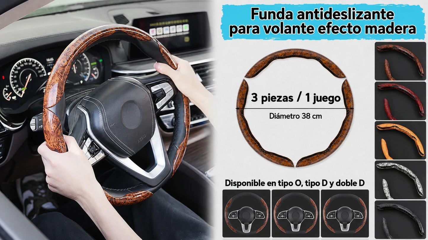 【3 piezas】 Funda antideslizante de madera para volante de coche