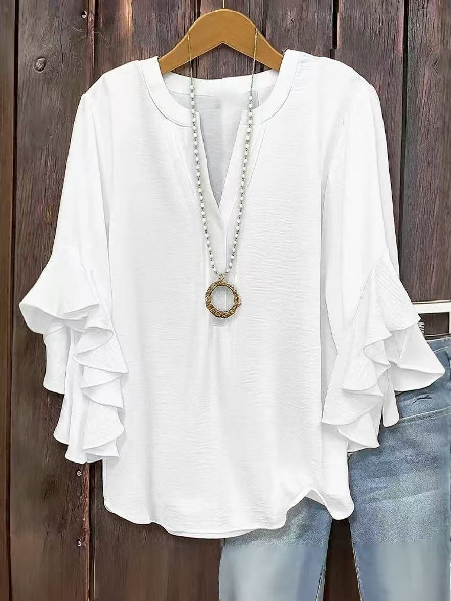 【L-5XL】Camisa de mujer con escote en V y volantes para tallas grandes.