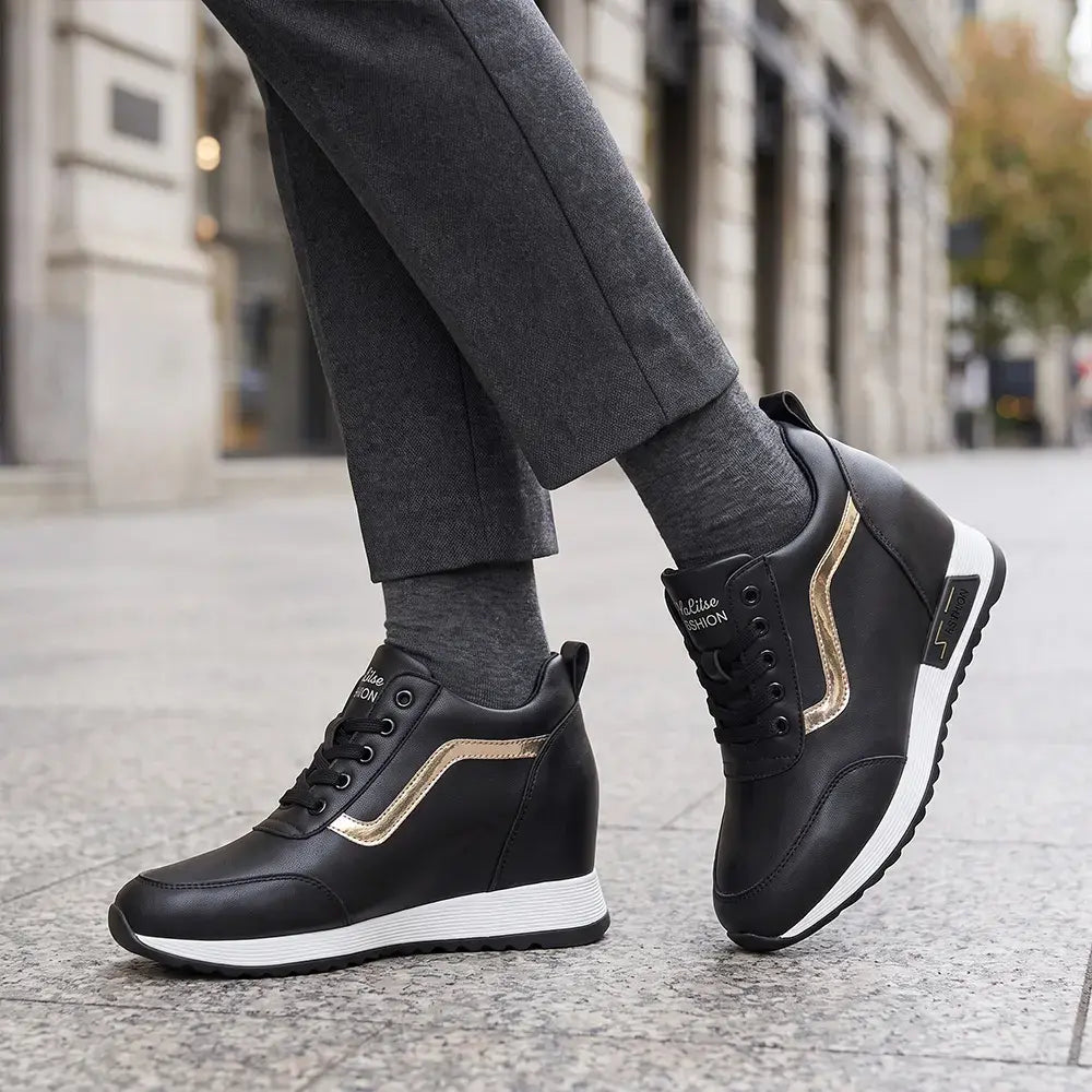 👠Zapatillas de plataforma para mujer con cuña oculta - Zapatos casuales de cuero estilo coreano - Suela gruesa, calzado deportivo cómodo