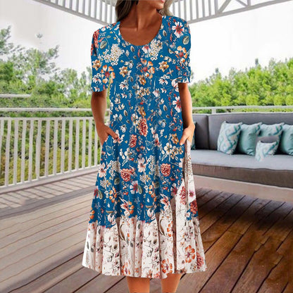 💐【S-3XL】Rochie elegantă de vară din bumbac, cu decolteu rotund și imprimeu pe buzunare 