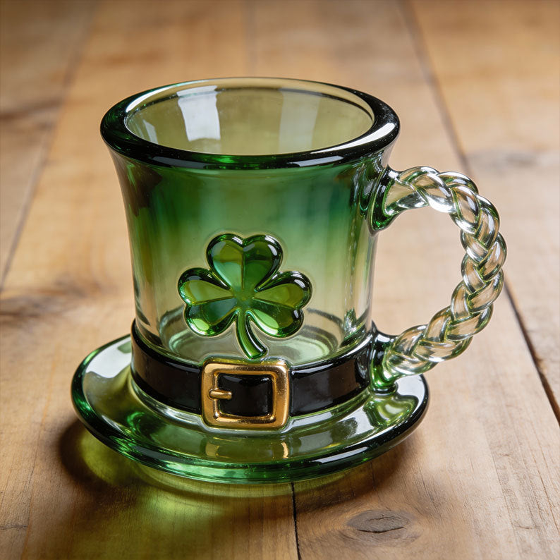 🔥【¡50% de descuento!】☕Taza de cristal con gorro de duendecillo y trébol de la suerte - Taza de café verde esmeralda