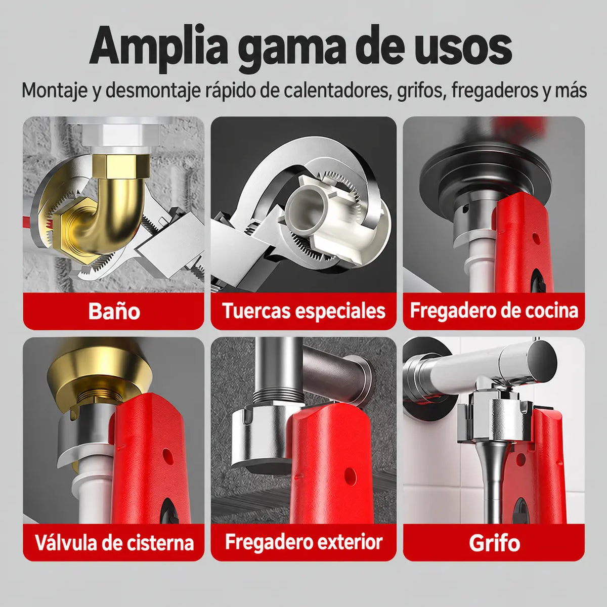 🔧 Llave multifuncional para instalación y desmontaje de grifos – Ideal para espacios reducidos