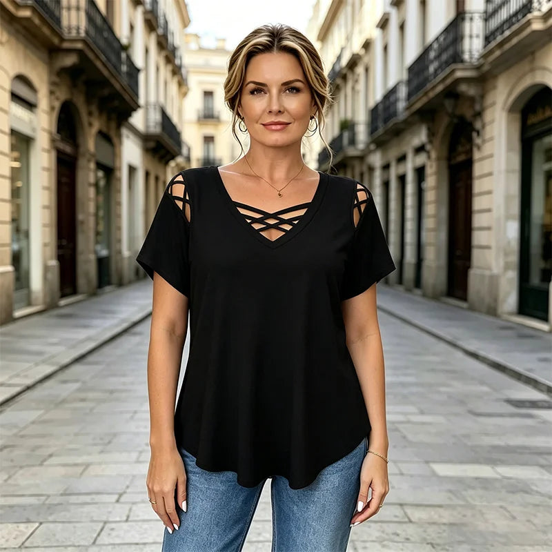 👚 Camiseta 100% algodón con cuello en V, diseño cruzado y aberturas | Moderna y transpirable