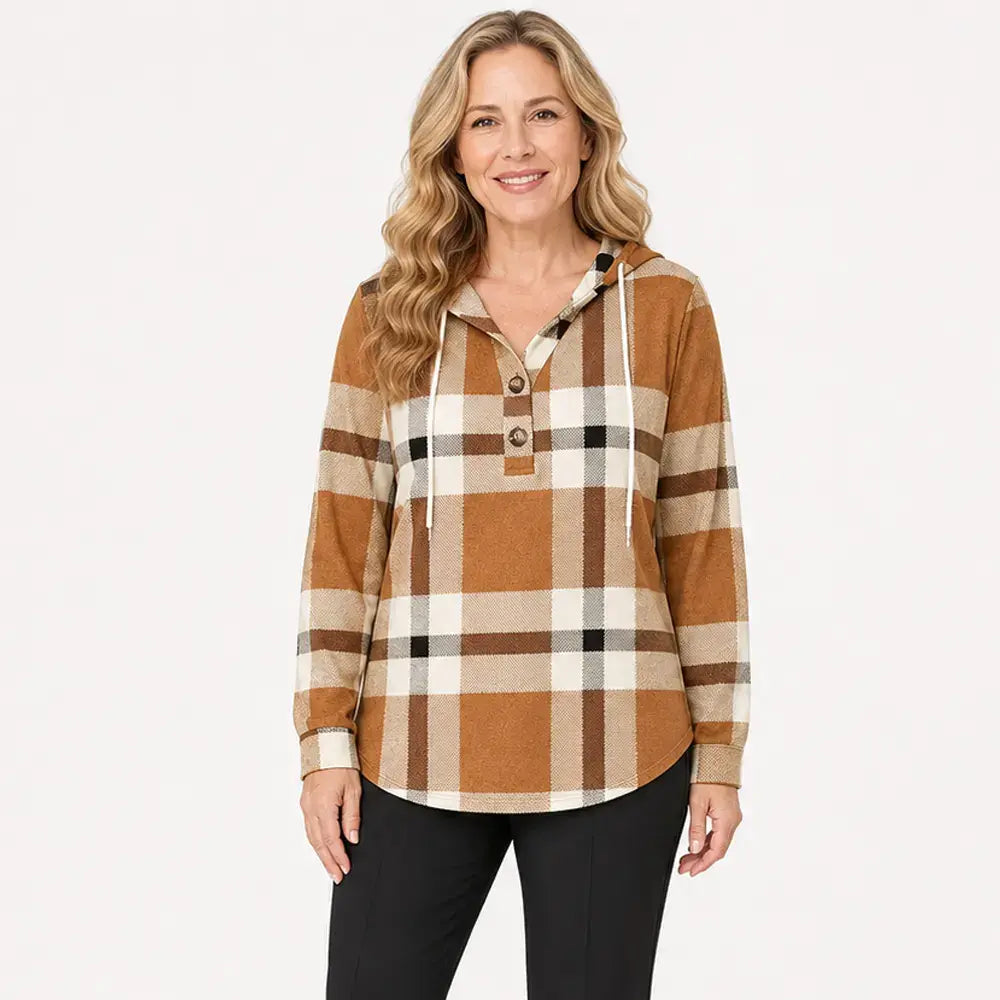 🧥Suéter de cuadros para mujer con capucha y cuello en V, con botones y mangas largas. Suéter holgado de cuadros para otoño e invierno.