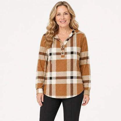 🧥Suéter de cuadros para mujer con capucha y cuello en V, con botones y mangas largas. Suéter holgado de cuadros para otoño e invierno.