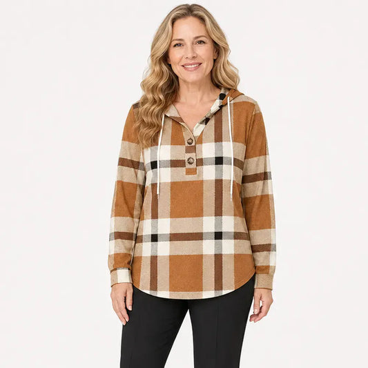 🧥Suéter de cuadros para mujer con capucha y cuello en V, con botones y mangas largas. Suéter holgado de cuadros para otoño e invierno.