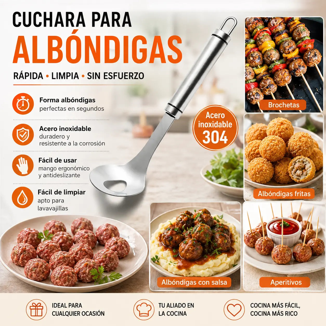 🍖 【2 piezas】Molde para albóndigas de acero inoxidable 304 – ideal para hacer albóndigas de carne y de pescado, perfecto para cocinar en casa 🥄