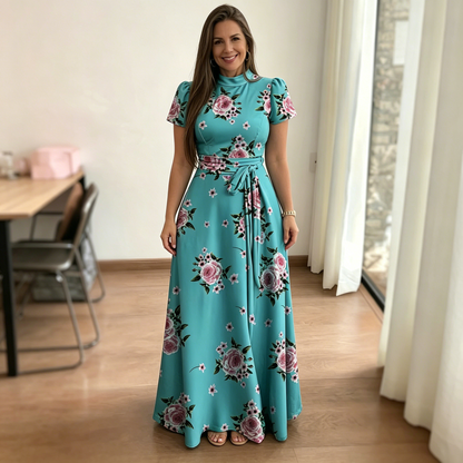 👑【S-5XL】✨Nuevo y elegante vestido largo de manga corta con estampado floral
