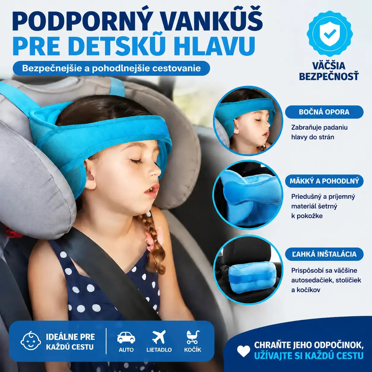 🚗 Využite teraz 50% zľavu! 😴 Opierka hlavy do auta na spanie: nastaviteľná, mäkká a podporná, zabraňuje prehýbaniu hlavy a umožňuje vám pohodlne si zdriemnuť počas cesty. 🛌