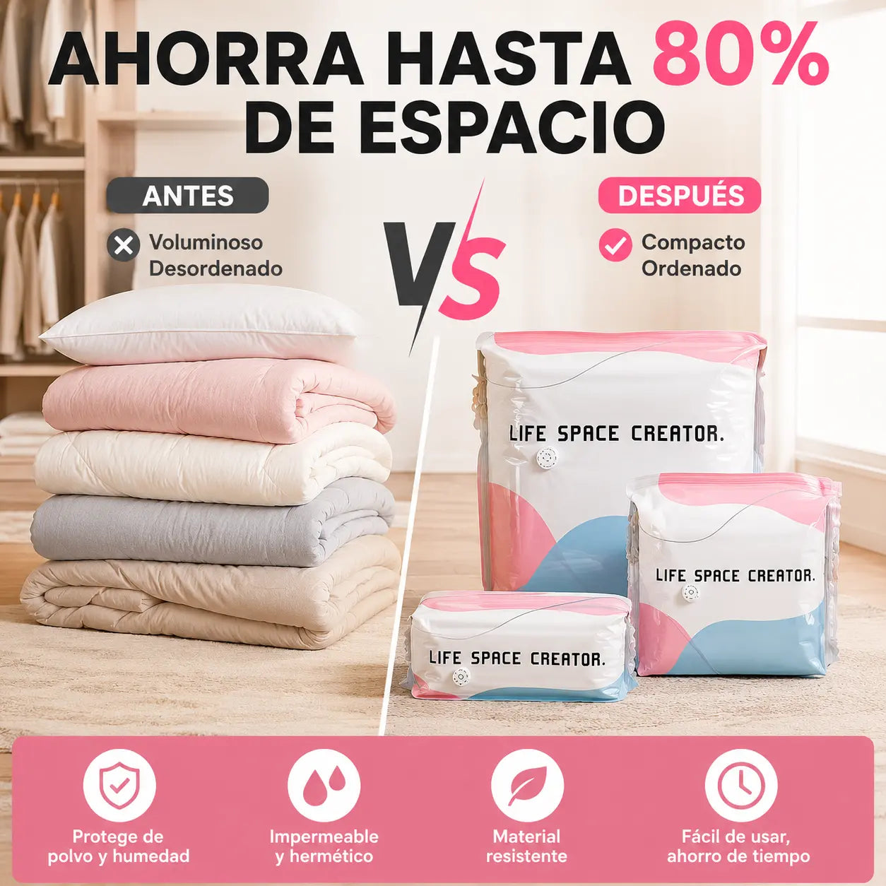 🧳【Juego de 5 piezas】💨 Bolsa de almacenamiento al vacío grande y compresible: no requiere bomba, es a prueba de fugas e ideal para ahorrar espacio en maletas y en casa ✈️