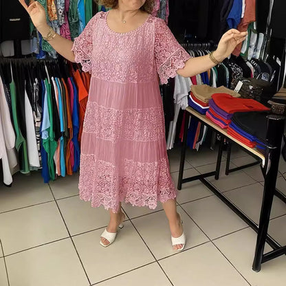 【S-5XL】Nuevo vestido de encaje con cuello redondo y manga corta 2026 【40-120 kg】