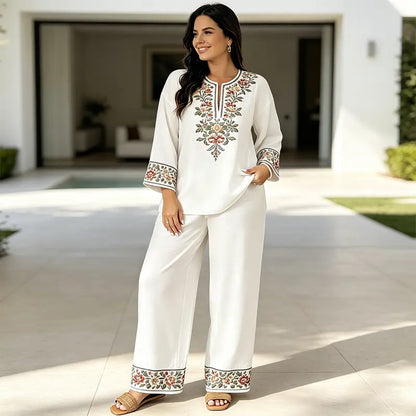 👒 Conjunto de Verano de Lino para Mujer de 2 Piezas: Blusa Holgada con Estampado Floral y Pantaloni Anchos – Tejido Suave, Transpirable y Respetuoso con la Piel 🌸✨