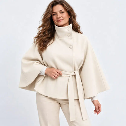 【S-3XL】Nueva chaqueta de estilo capa para mujer, ideal para otoño e invierno – diseño liso, con cuello alzado, botones y cinturón