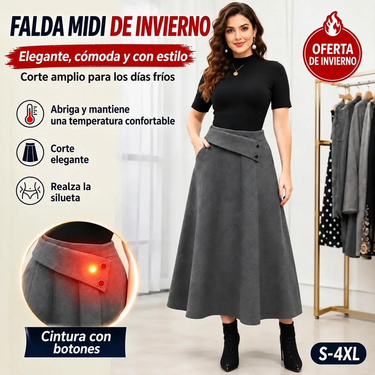 👗🎀【S-4XL】Falda midi de cintura alta con cintura asimétrica y dos botones