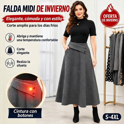 👗🎀【S-4XL】Falda midi de cintura alta con cintura asimétrica y dos botones
