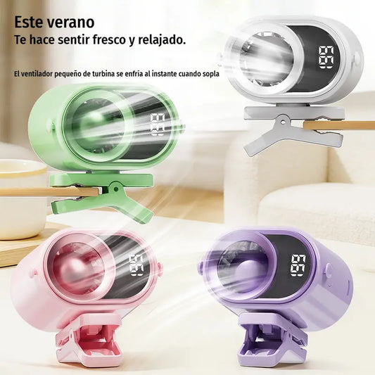 🌀 Ventilador manos libres con pantalla LED, clip integrado y 199 niveles de ajuste