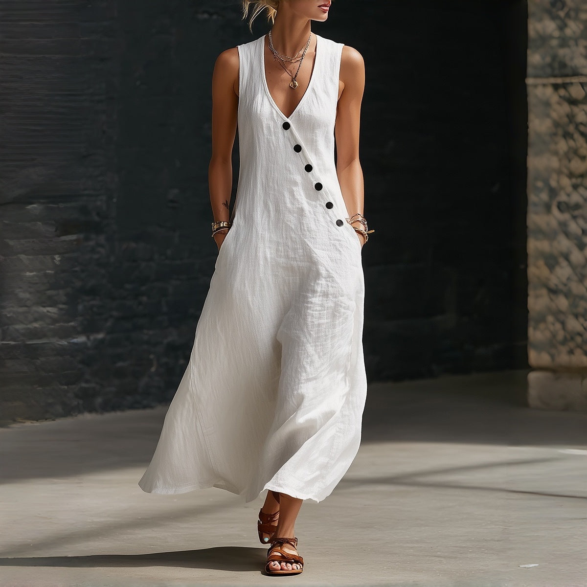 ✨【S-3XL】Vestido cómodo de algodón y lino para mujer, sin mangas, con botones.