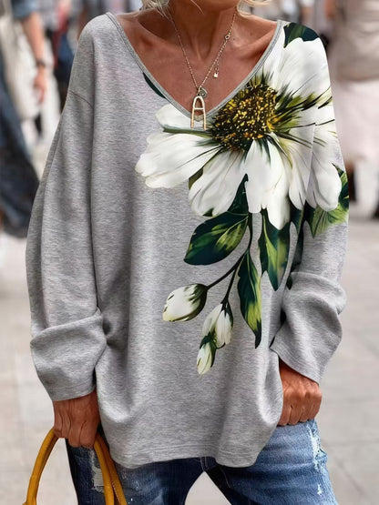 💐【S-2XL】Camiseta de moda para mujer con cuello en V y estampado floral de primavera y otoño